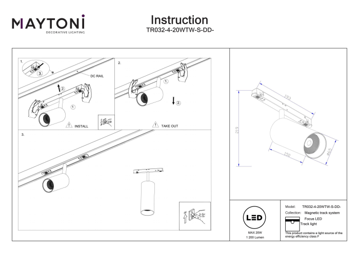 Corp de iluminat pe șină Focus LED, Aluminiu Alb, 20W, MAYTONI TR032-4-20WTW-S-DD-W [3]