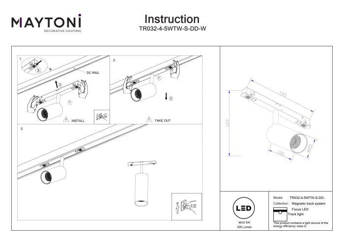 Corp de iluminat pe șină Focus LED, Aluminiu Alb, 5W, MAYTONI TR032-4-5WTW-S-DD-W [3]