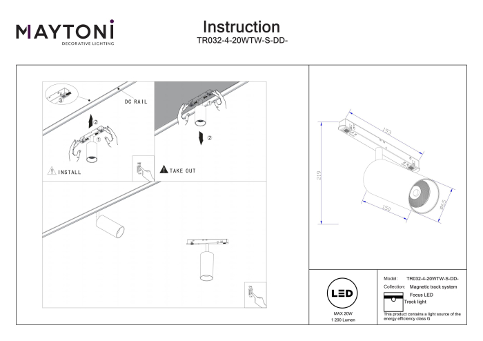 Corp de iluminat pe șină Focus LED, Aluminiu Negru, 20W, MAYTONI TR032-4-20WTW-S-DD-B [3]
