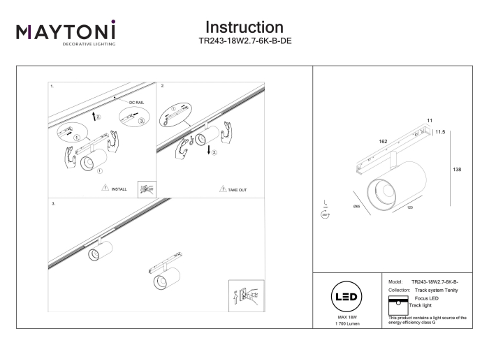 Corp de iluminat pe șină Focus LED Negru Aluminiu 18W MAYTONI TR243-18W2.7-6K-B-DE [5]