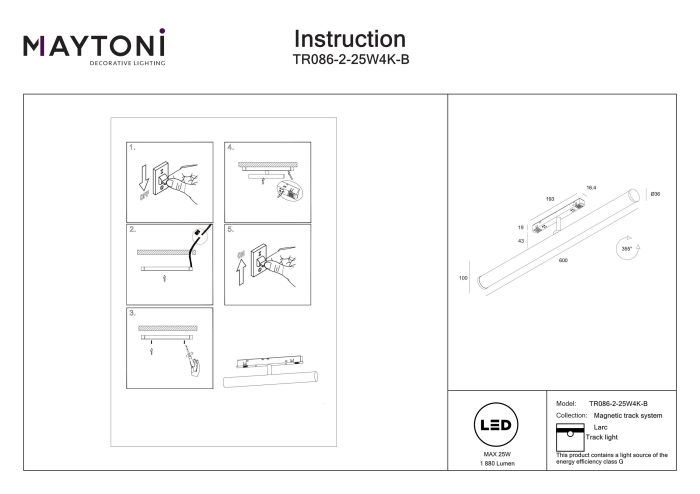Corp de iluminat pe șină Larc, Aluminiu Negru, 25W, MAYTONI TR086-2-25W4K-B [3]