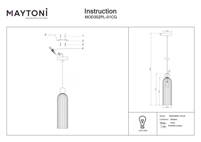 Corp de iluminat suspendat Antic, Metal Auriu, 40W, MAYTONI MOD302PL-01CG [2]