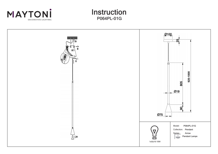 Corp de iluminat suspendat Arrow, Metal Auriu, 10W, MAYTONI P064PL-01G [3]