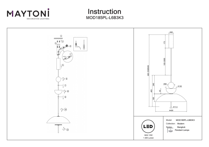 Corp de iluminat suspendat Bangkok, Metal Negru, 12W, MAYTONI MOD185PL-L6B3K3 [3]