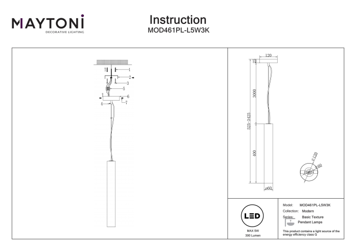 Corp de iluminat suspendat BASIC TEXTURE Alb Piatră 5W MAYTONI MOD461PL-L5W3K [3]