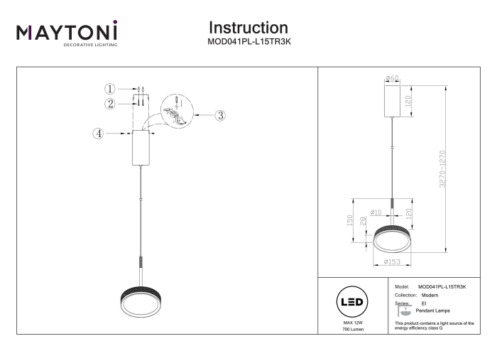 Corp de iluminat suspendat El, Aluminiu Negru, 12W, MAYTONI MOD041PL-L15TR3K [7]
