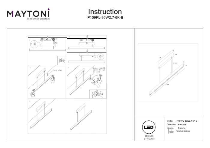 Corp de iluminat suspendat Euforia, Aluminiu Negru, 36W, MAYTONI P109PL-36W2.7-6K-B [5]