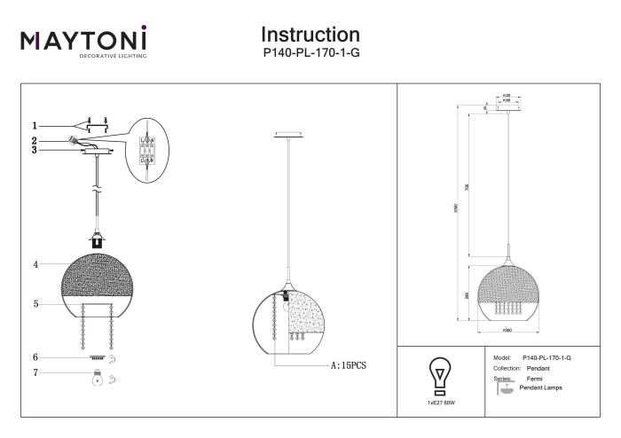 Corp de iluminat suspendat Fermi, Metal Nichel, 60W, Maytoni P140-PL-170-1-G [2]
