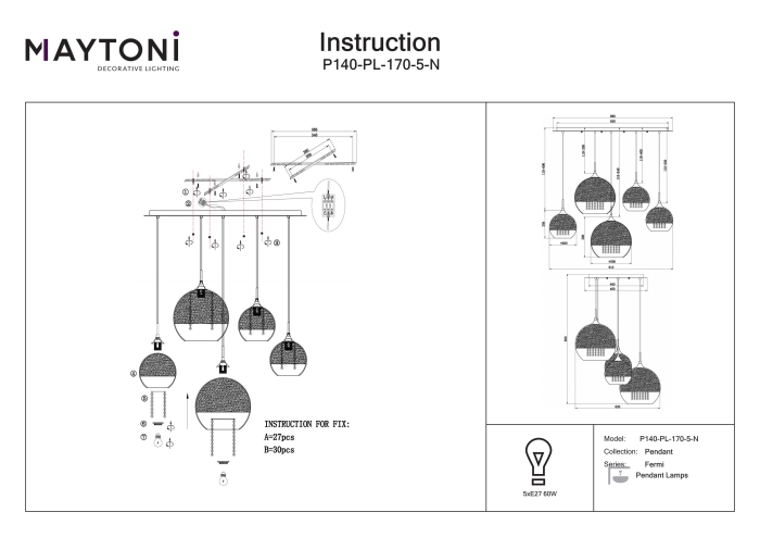 Corp de iluminat suspendat Fermi, Metal Nichel, 60W, MAYTONI P140-PL-170-5-N [2]