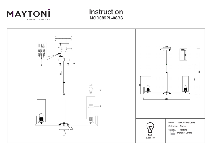 Corp de iluminat suspendat Fortano, Metal Negru și alamă, 40W, Maytoni MOD089PL-08BS [6]