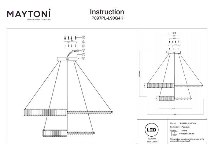 Corp de iluminat suspendat KRONE, Metal Auriu, 90W, MAYTONI P097PL-L90G4K [3]