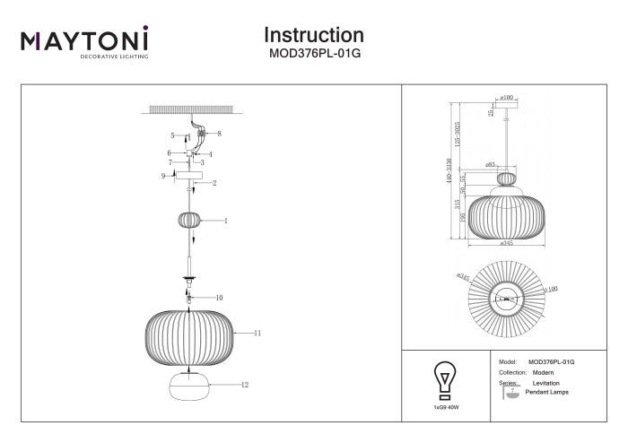 Corp de iluminat suspendat LEVITATION, Metal Alamă, 40W, MAYTONI MOD376PL-01G [6]