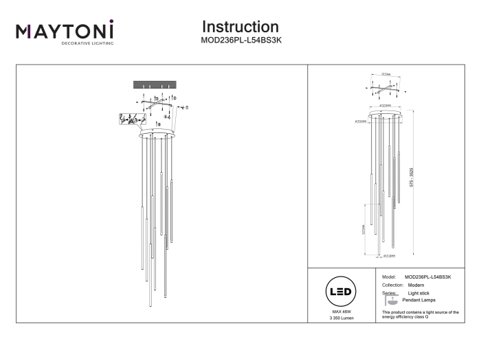Corp de iluminat suspendat LIGHT STICK, Aluminiu Alamă, 46W, MAYTONI MOD236PL-L54BS3K [5]