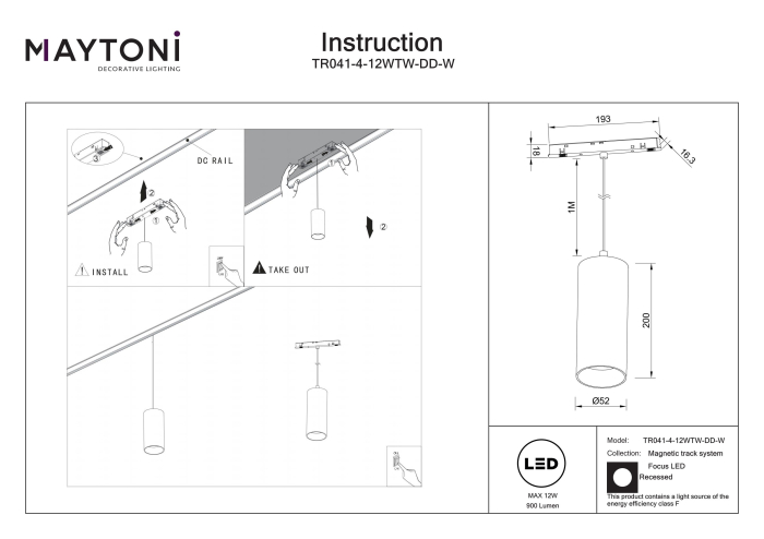 Corp de iluminat suspendat pe șină Focus LED, Aluminiu Alb, 12W, MAYTONI TR041-4-12WTW-DD-W [5]