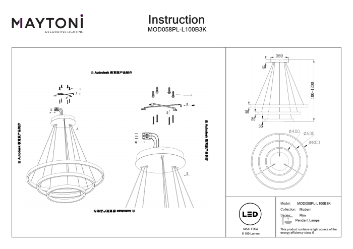 Corp de iluminat suspendat Rim, Aluminiu Negru, 115W, MAYTONI MOD058PL-L100B3K [3]