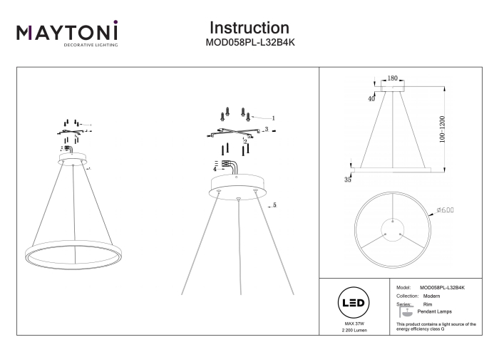 Corp de iluminat suspendat Rim, Aluminiu Negru, 37W, MAYTONI MOD058PL-L32B4K [4]