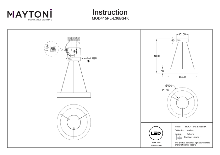 Corp de iluminat suspendat Saturno, Oțel inoxidabil Alamă, 35W, MAYTONI MOD415PL-L36BS4K [7]