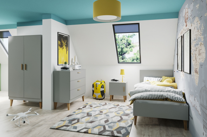 Dulap alb/gri Kubi 100x184 cm, picioare inalte lemn masiv stejar, design scandinav [7]