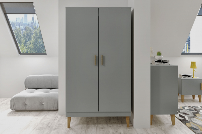 Dulap alb/gri Kubi 100x184 cm, picioare inalte lemn masiv stejar, design scandinav [6]
