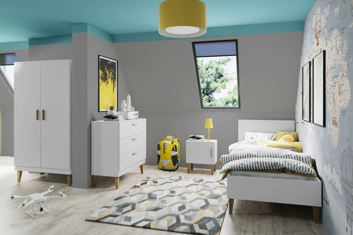 Dulap alb/gri Kubi 100x184 cm, picioare inalte lemn masiv stejar, design scandinav [3]