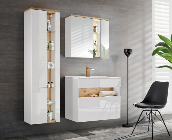 Dulap baie inalt 170x45 cm, alb lucios, Bahama White, MDF, stejar auriu COMAD [3]