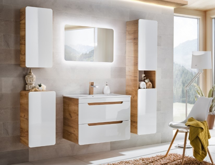 Dulap baie inalt suspendat 170 cm, MDF alb lucios/stejar auriu, Aruba White – COMAD [5]