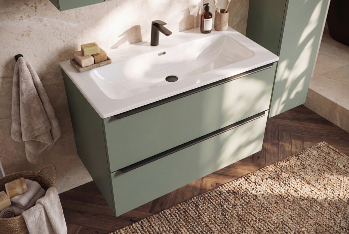Dulap baie pentru lavoar Sombra Green, lățime 100 cm, PAL Melaminat Verde Stuf, Suspendat, 2 Sertare - COMAD, cod SOMBRA GREEN 82-100-46-2S [12]