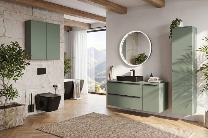 Dulap baie pentru lavoar Sombra Green, lățime 100 cm, PAL Melaminat Verde Stuf, Suspendat, 2 Sertare - COMAD, cod SOMBRA GREEN 82-100-46-2S [6]