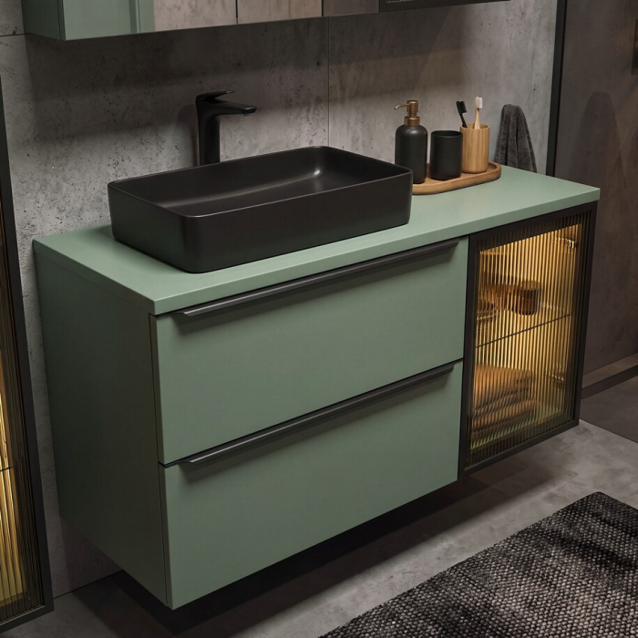 Dulap baie pentru lavoar Sombra Green, lățime 80 cm, PAL Melaminat Verde Stuf, Suspendat, 2 Sertare - COMAD, cod SOMBRA GREEN 82-80-46-2S [12]