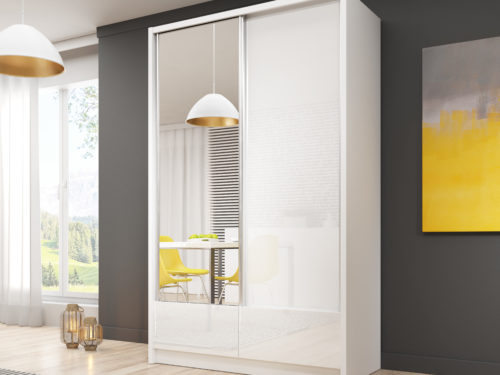 Dulap dormitor MDF alb lucios Quinn I 150x215 cm cu usi glisante, sertare si oglinda [2]