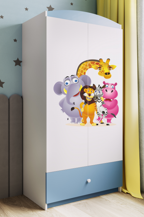 Dulap haine copii cu desen animalute Babydream, MDF diverse culori, sertare si bara de haine [3]