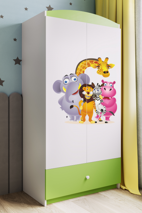 Dulap haine copii cu desen animalute Babydream, MDF diverse culori, sertare si bara de haine [3]