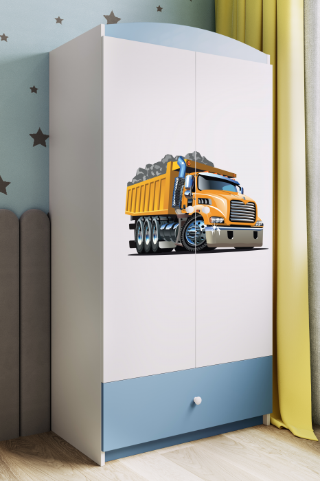 Dulap haine copii cu desen camion pompieri Babydream, MDF alb, sertare si bara de haine [3]