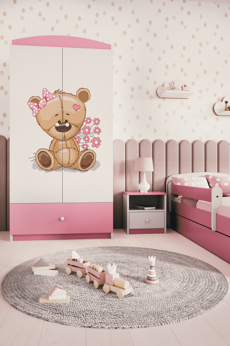 Dulap haine copii cu desen ursulet Babydream, MDF diverse culori, sertare si bara de haine [2]