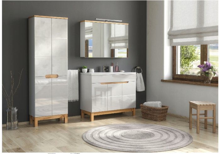 Dulap inalt baie 187x60, Bali White, MDF alb lucios, stejar auriu, COMAD [3]