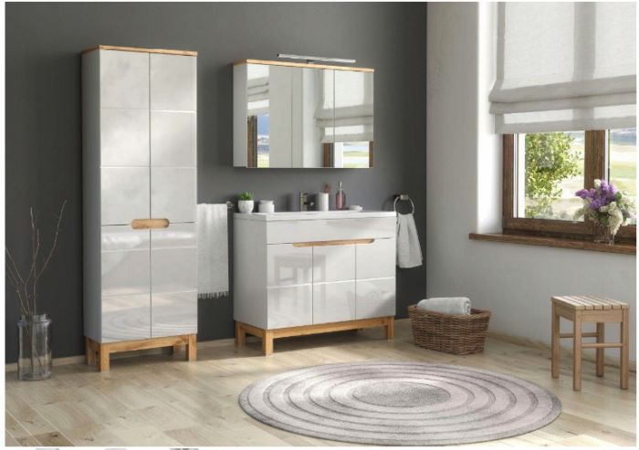 Dulap inalt baie Bali White II 187x60, MDF alb lucios, stejar auriu COMAD [9]