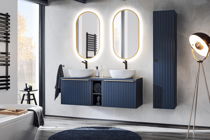 Dulap inalt baie, cu 1 usa si 2 sertare, finisaj Santa Fe Deep Blue Indigo albastru COMAD [4]