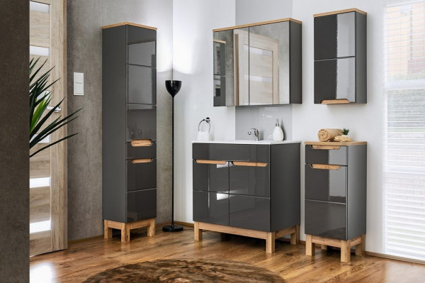 Dulapior baie 90x35 cm, MDF gri lucios, stejar auriu, Bali Grey, COMAD [4]