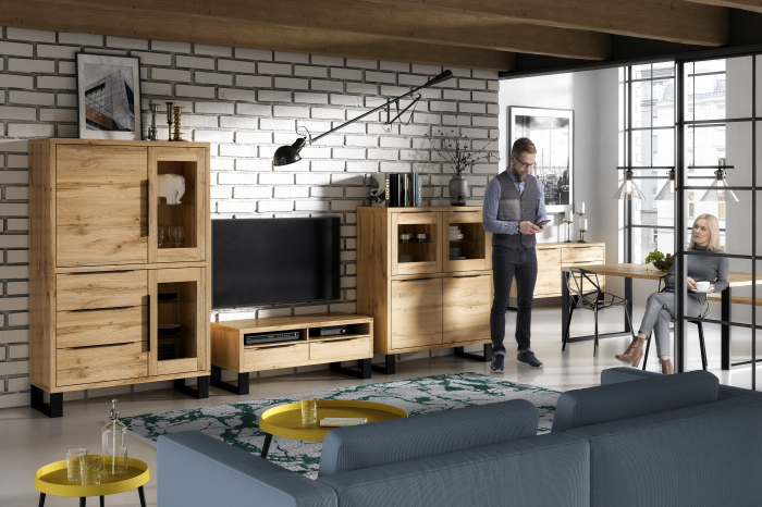 Dulapior living lemn stejar picioare negre metal Ottomar 120x140 cm, stil industrial [4]