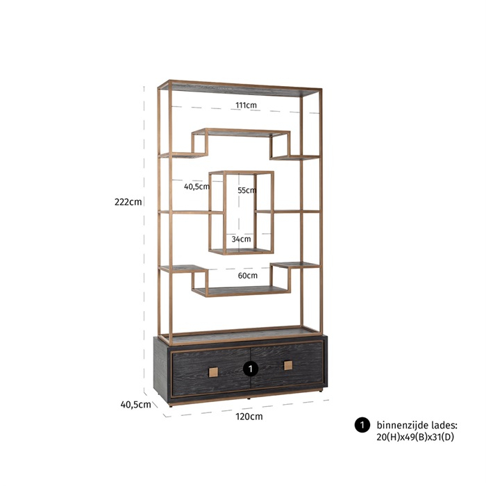 Etajera premium cu 2 sertare Bever 120x222 cm furnir stejar, cadru metal auriu, 7480 - Richmond Interiors [5]
