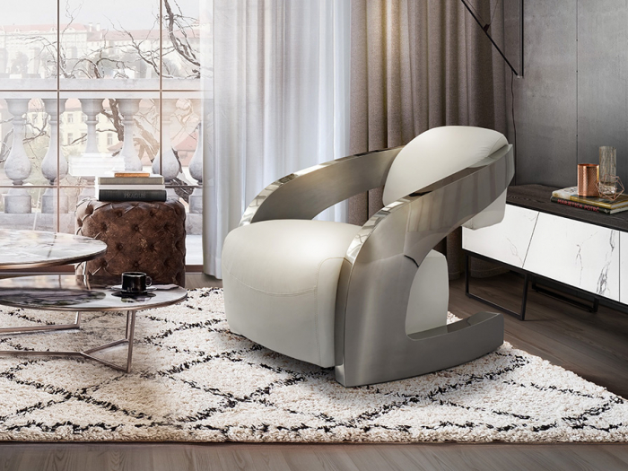 Fotoliu alb design lux Mora piele naturala, baza otel inoxidabil, 532115 - Schuller [4]