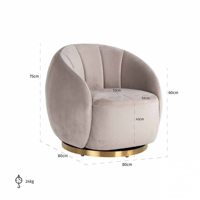 Fotoliu de lux rotund rotativ catifea bej/gri Hanne, baza aurie otel, S4530 KHAKI VELVET - Richmond Interiors [5]