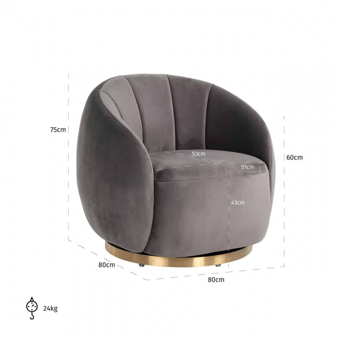 Fotoliu de lux rotund rotativ catifea bej/gri Hanne, baza aurie otel, S4530 KHAKI VELVET - Richmond Interiors [10]