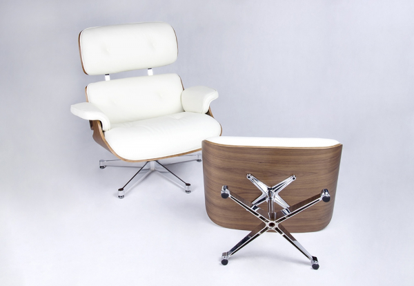 Fotoliu design lux cu taburet Tokyo, piele italiana alba/neagra, lemn nuc, baza metalica crom, T066CF.WHITE.SET - King [2]