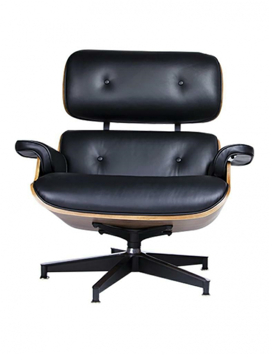 Fotoliu design lux LOUNGE HM, piele italiana neagra/lemn nuc, sezut lat [2]