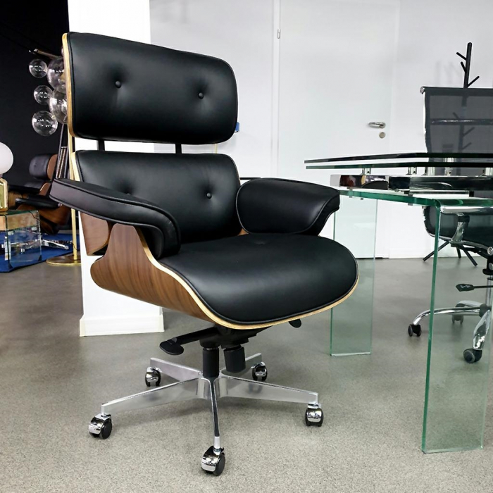 Fotoliu rotativ Jepson tapiterie piele naturala italiana neagra, lemn nuc, design lux, T044.OFFICE.BL - King [11]