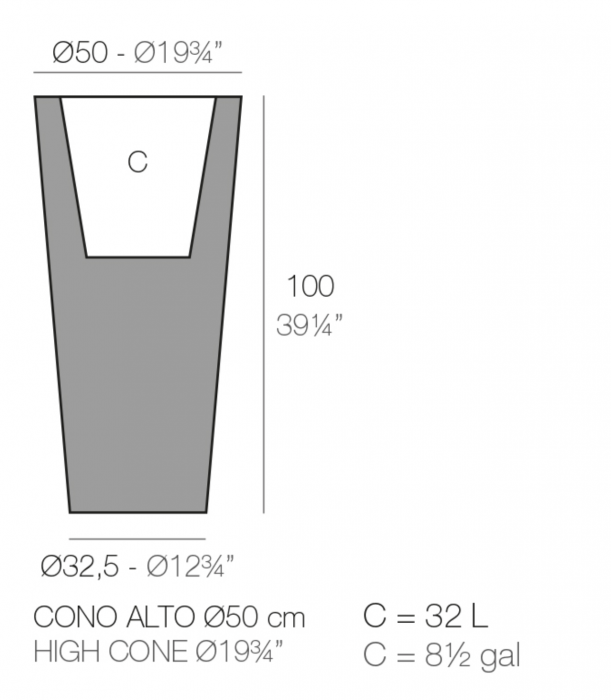 Ghiveci decorativ gradina conic inalt High Cone Ø50x100 cm cu iluminare LED, culoare personalizabila, 40550A - Vondom [2]