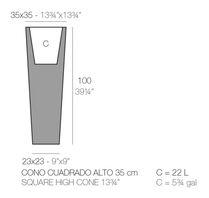 Jardiniera inalta patrata cu iluminare LED High Square Cone 35x35x100 cm, design minimalist, 41235A - Vondom [3]