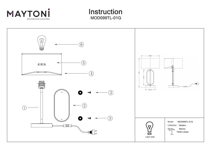 Lampă de masă Marmo, Metal și alabastru Alamă, 40W, MAYTONI MOD099TL-01G [2]