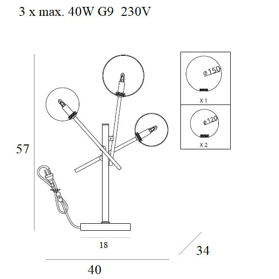 Lampa de masa moderna finisaj alama Nicode 40x34x57 cm cu 3 surse de lumina, metal/sticla, T0035 - Maxlight [3]